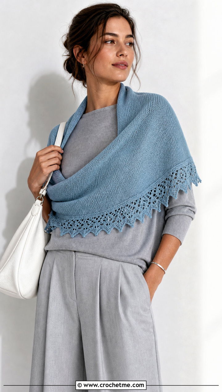 One Skein Picot Edge Shawlette With Knit Separates - 30 one skein crochet shawl outfit ideas