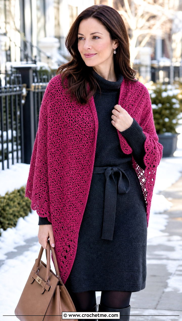 One Skein Scalloped Edge Shawl With Sweater Dress - 30 one skein crochet shawl outfit ideas