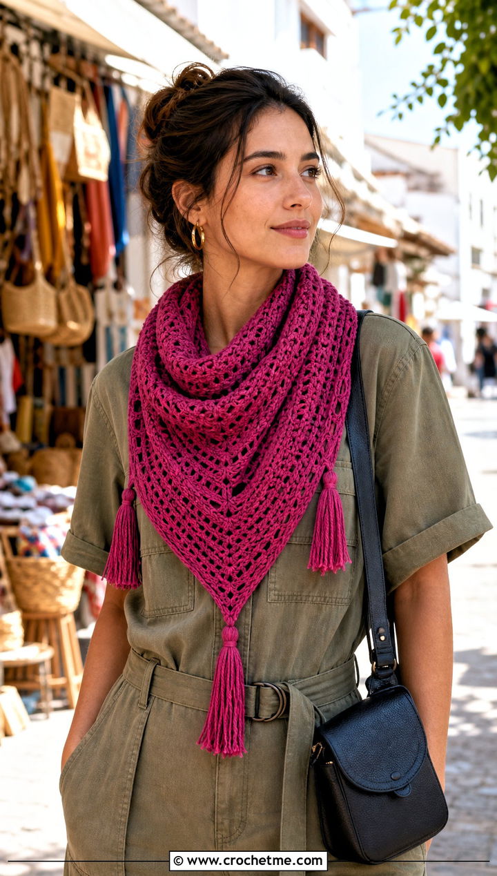 One Skein Tassel Triangle Shawl With Utility Jumpsuit - 30 one skein crochet shawl outfit ideas