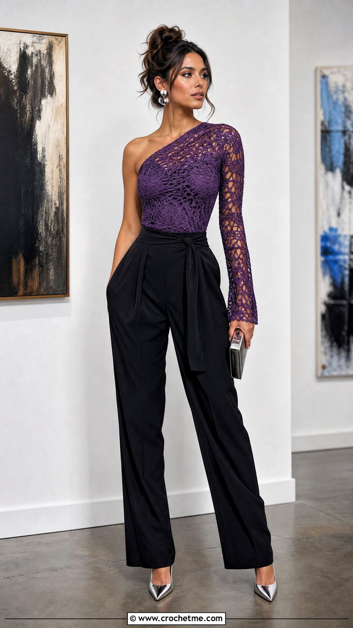 One Sleeve Crochet Top With Draped Trousers - 35 crochet top with sleeves outfit ideas