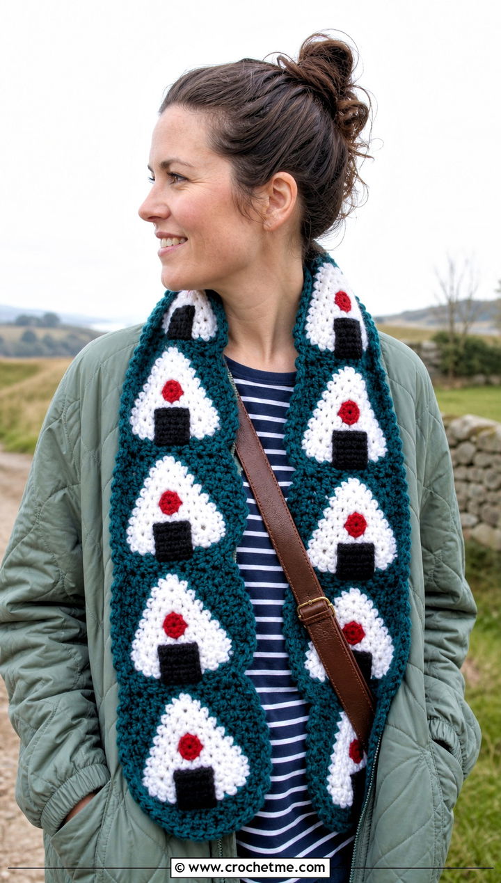 Onigiri Crochet Sushi Scarf With Quilted Jacket - 30 crochet sushi scarf outfit ideas