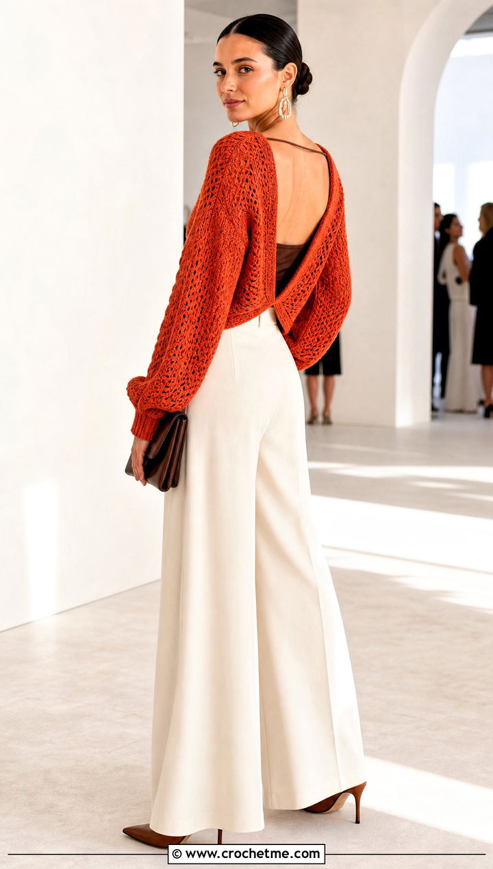 Open Back Alpine Stitch Sweater With Palazzo Pants - 25 crochet alpine stitch sweater outfit ideas