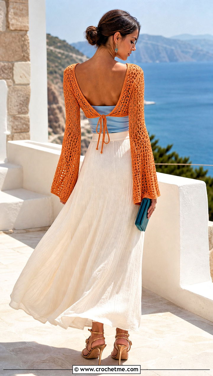 Open Back Bell Sleeve Crochet Sweater With Maxi Skirt - 25 crochet sweater bell sleeves outfit ideas