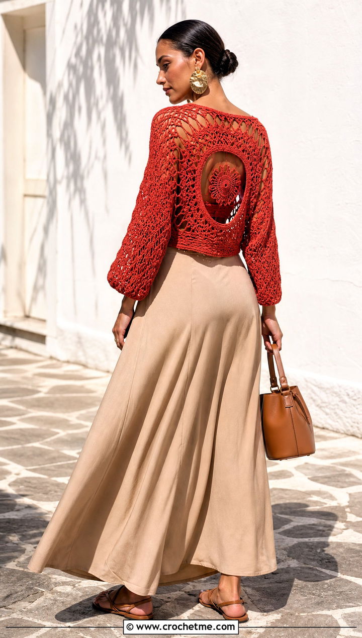 Open Back Circle Crochet Sweater With Maxi Skirt - 25 Circle Crochet Sweater outfit ideas