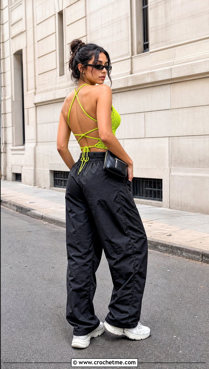Open Back Crisscross Crochet Top With Parachute Pants - 25 crochet cross over top outfit ideas