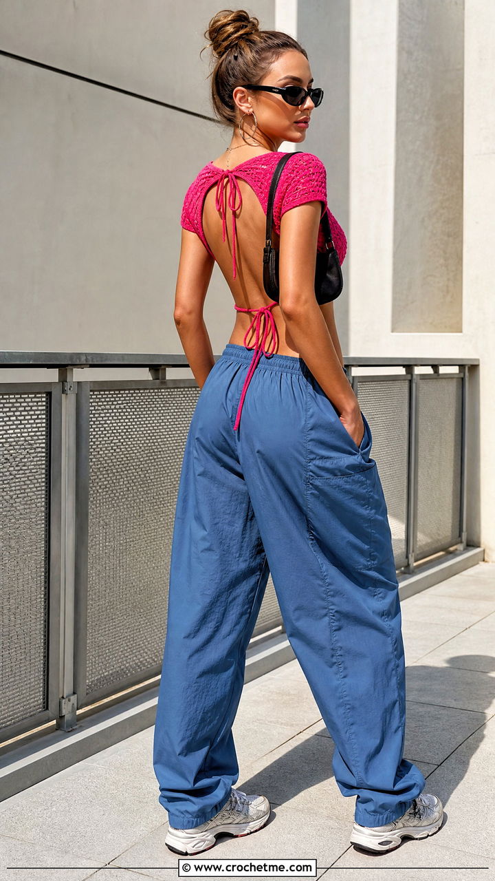 Open Back Crochet Baby Tee With Parachute Pants - 35 beginner crochet tops outfit ideas