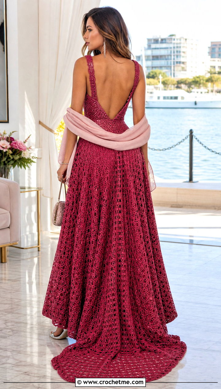 Open Back Crochet Ball Gown With Draped Shawl - 20 Crochet Ball Gown outfit ideas