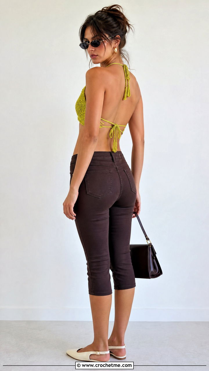 Open Back Crochet Bra Top With Capri Pants - 35 crochet bra top outfit ideas