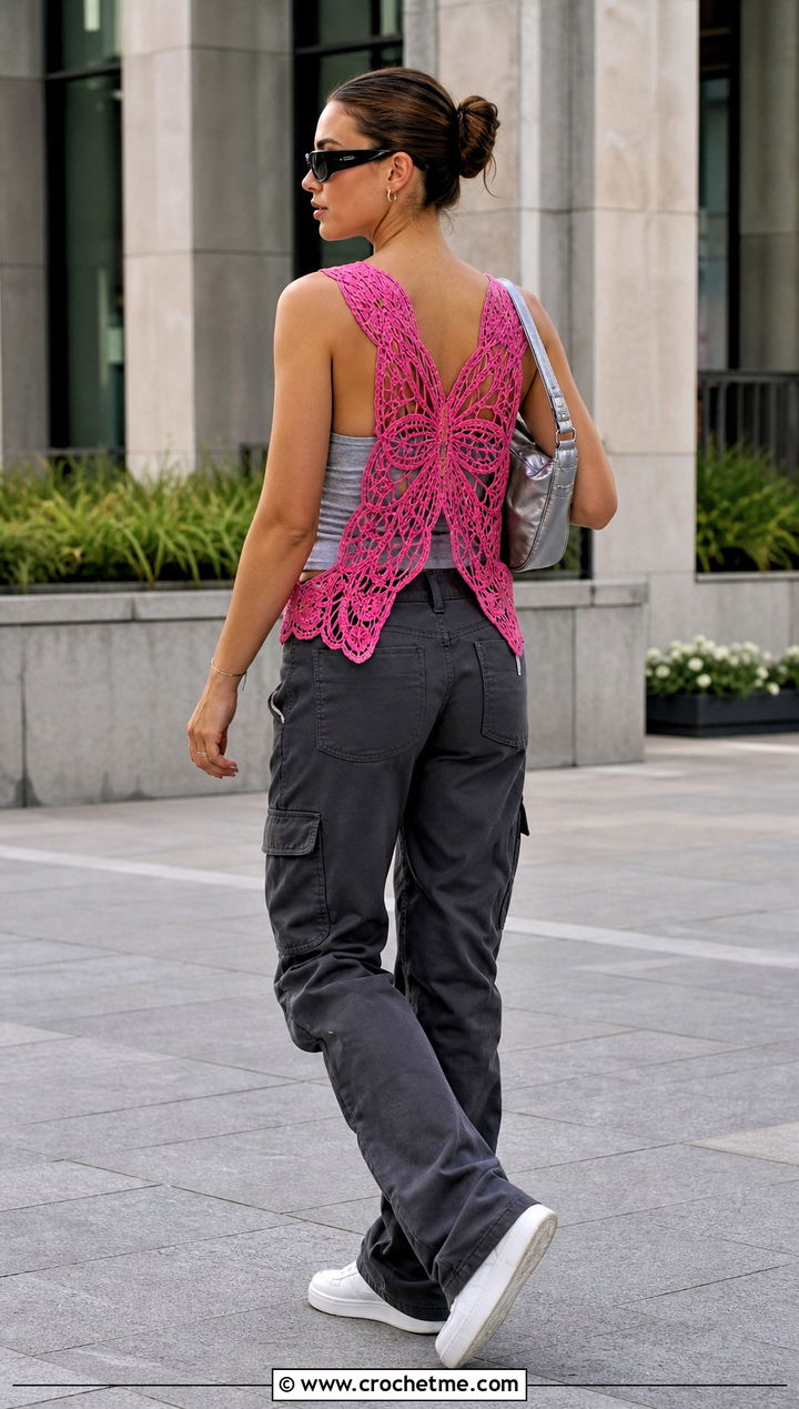 Open Back Crochet Butterfly Lace Top With Cargo Pants - 30 crochet butterfly lace top outfit ideas