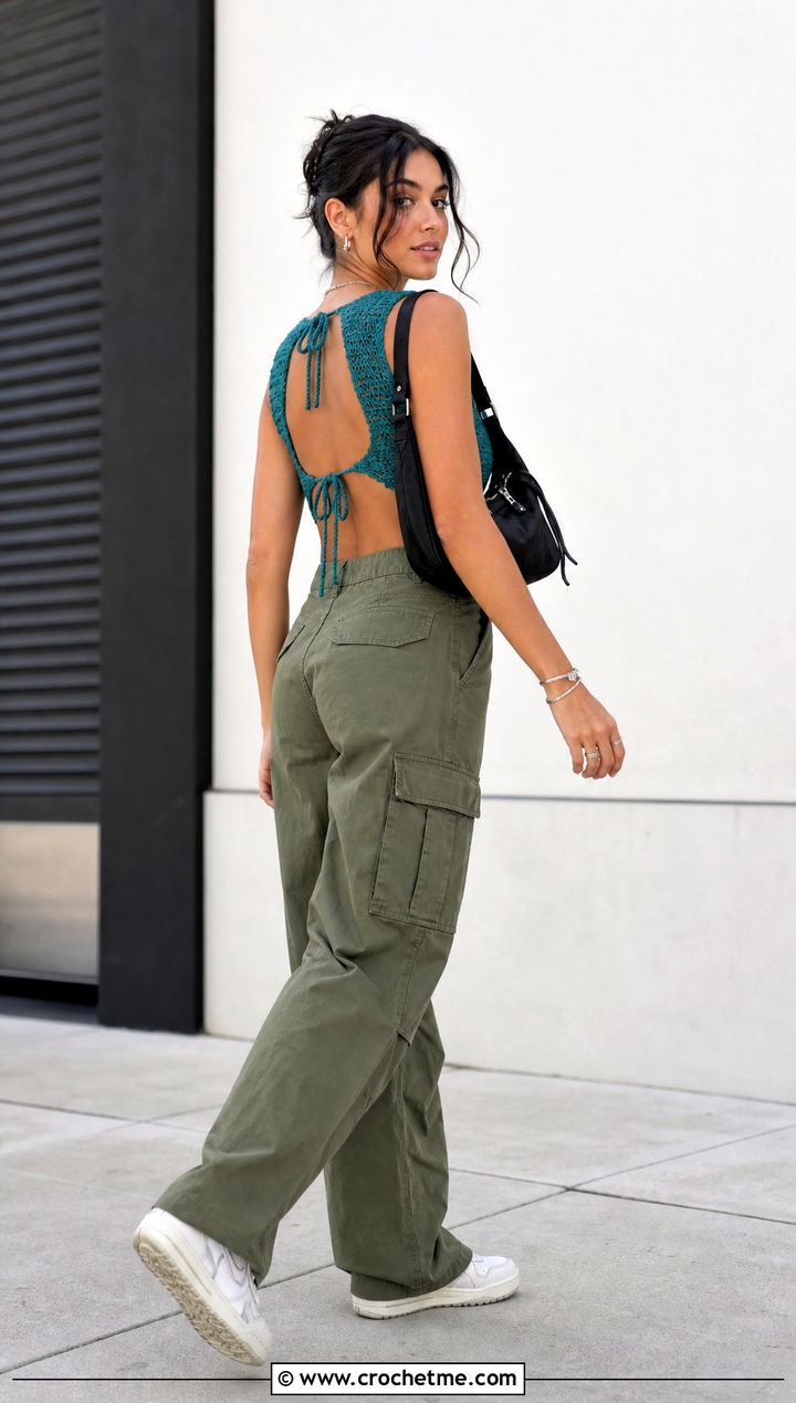 Open Back Crochet Crop Top With Cargo Pants - 25 freestyle crochet top outfit ideas
