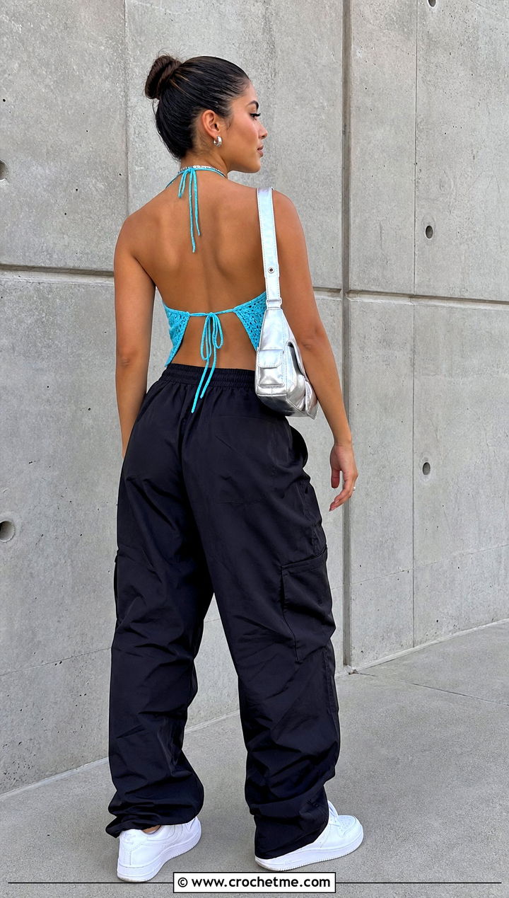 Open Back Crochet Crop Top With Parachute Pants - 30 cute crochet crop top outfit ideas