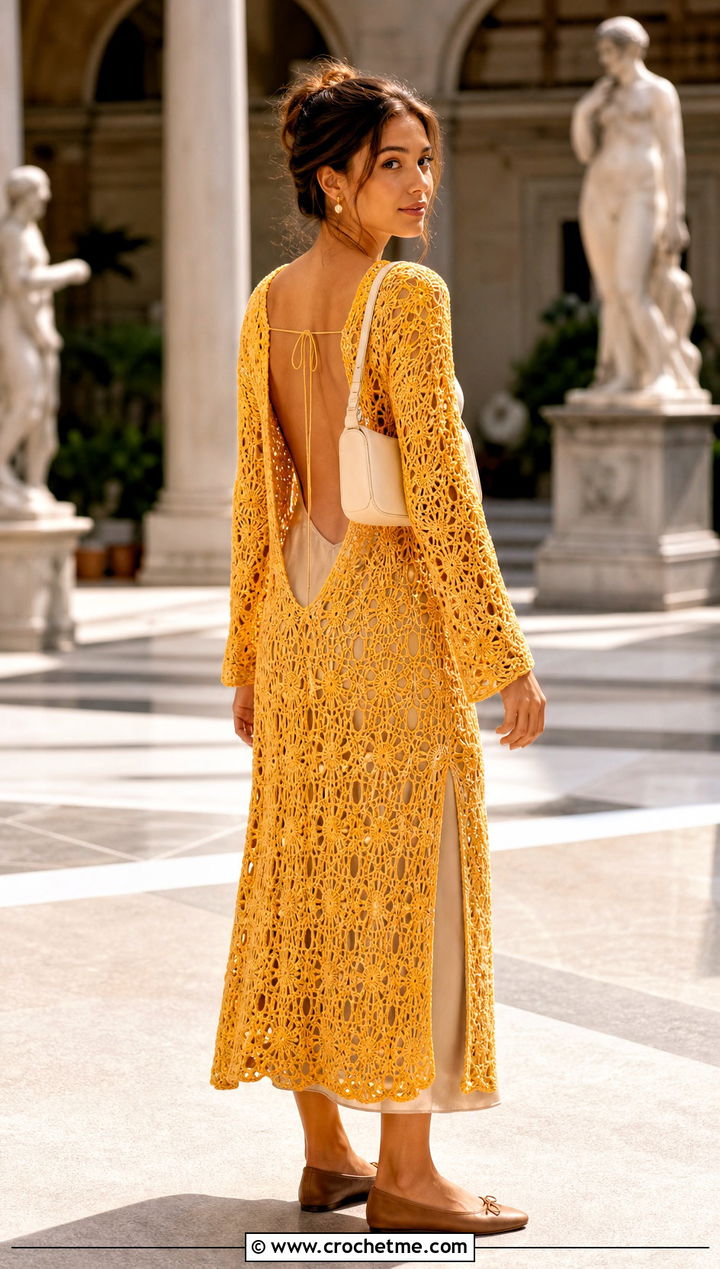 Open Back Crochet Dress Cover Up With Ballet Flats - 25 Cute Crochet Cover Up outfit ideas