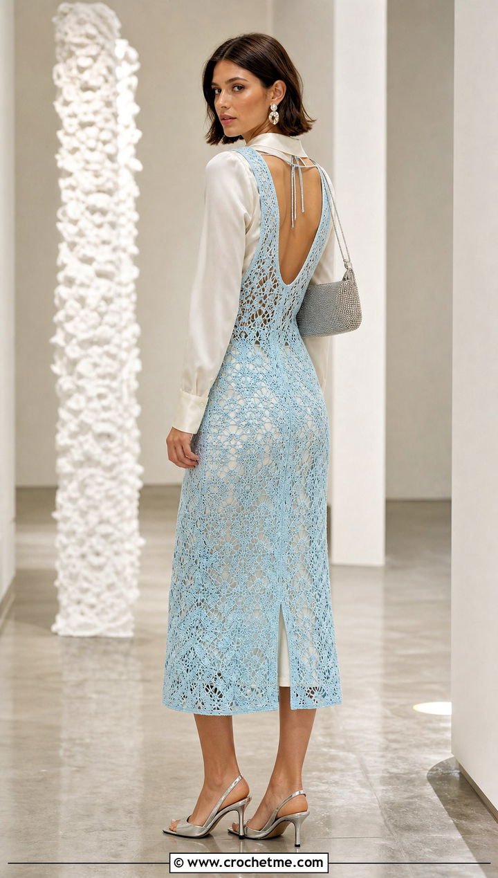 Open Back Crochet Dress With Satin Shirt - 35 vintage crochet dress outfit ideas