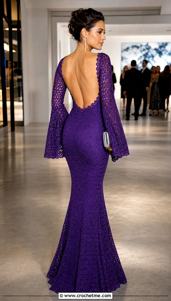 Open Back Crochet Fishtail Flare Sleeve Maxi Dress With Evening Accessories - 20 Crochet Fishtail Flare Sleeve Maxi Dress outfit ideas