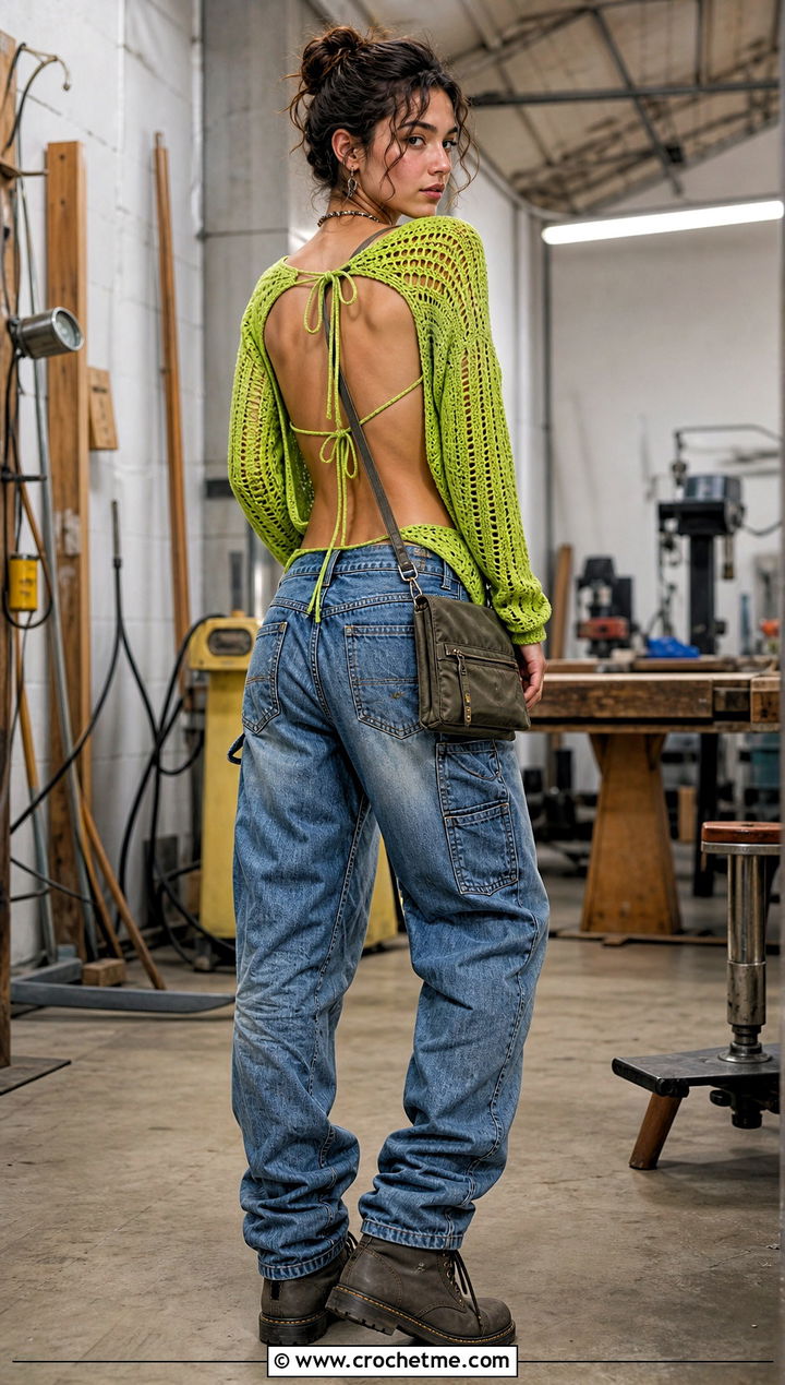 Open Back Crochet Grunge Top With Carpenter Jeans - 30 crochet grunge top outfit ideas