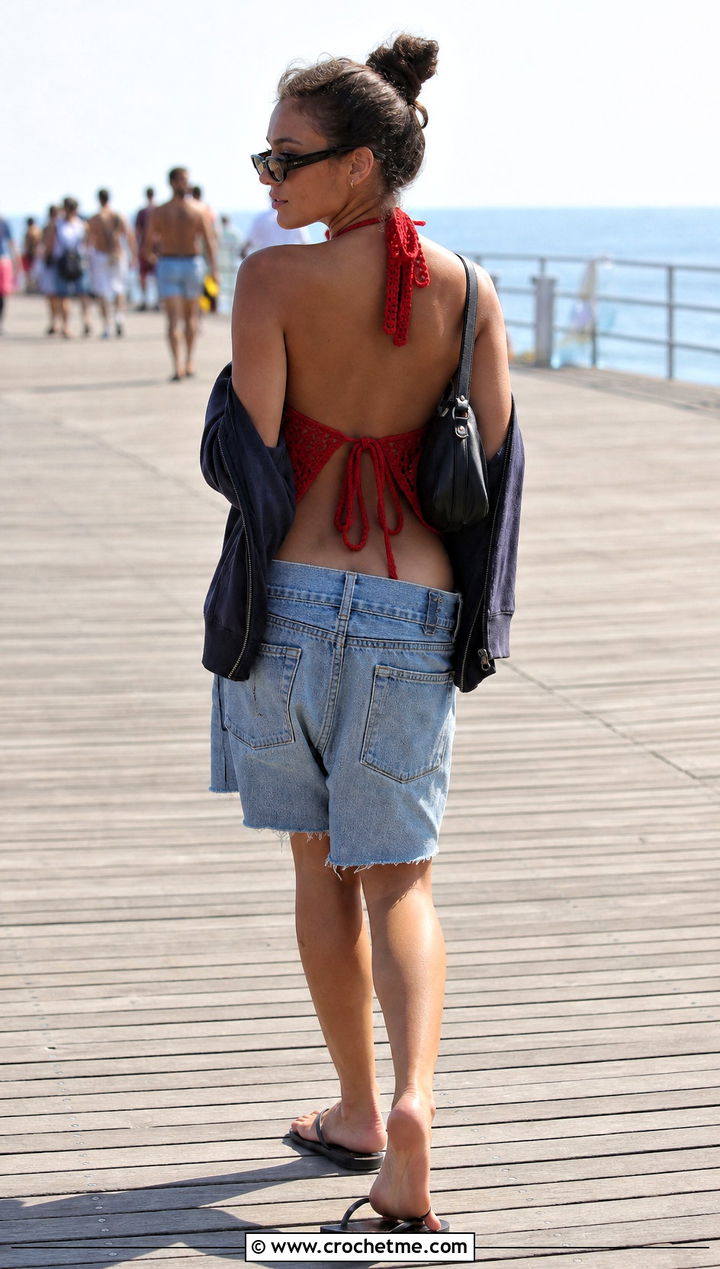 Open Back Crochet Halter Top With Low Rise Denim Shorts - 15 Crochet Halter Top With Denim Shorts outfit ideas