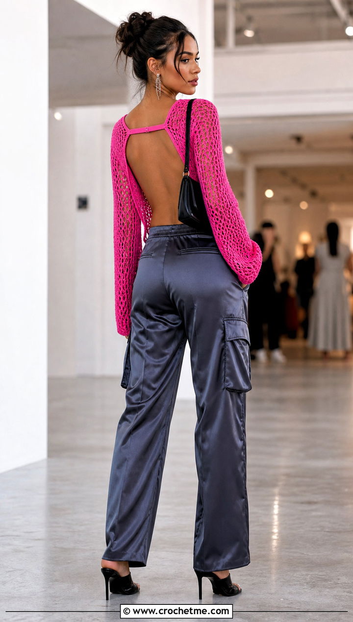 Open Back Crochet Mesh Jumper With Satin Cargo Pants - 30 crochet mesh jumper outfit ideas