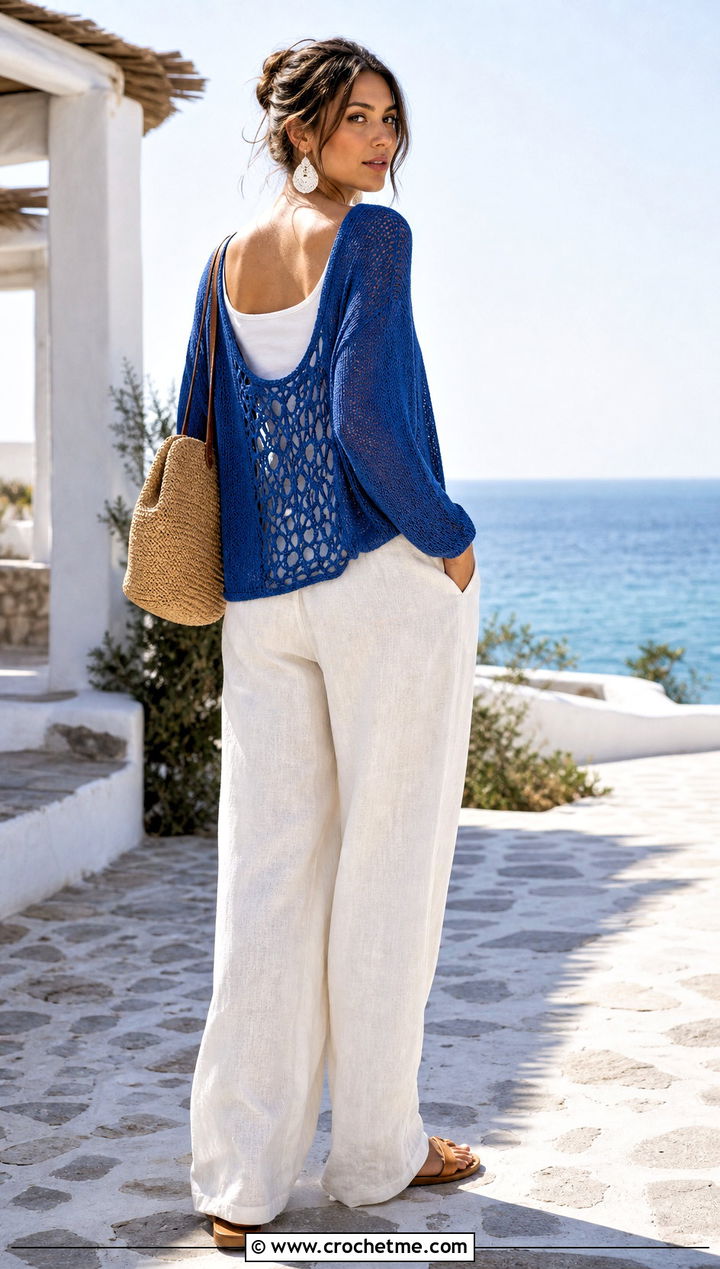 Open Back Crochet Panel Sweater With Linen Trousers - 30 crochet panel sweater outfit ideas