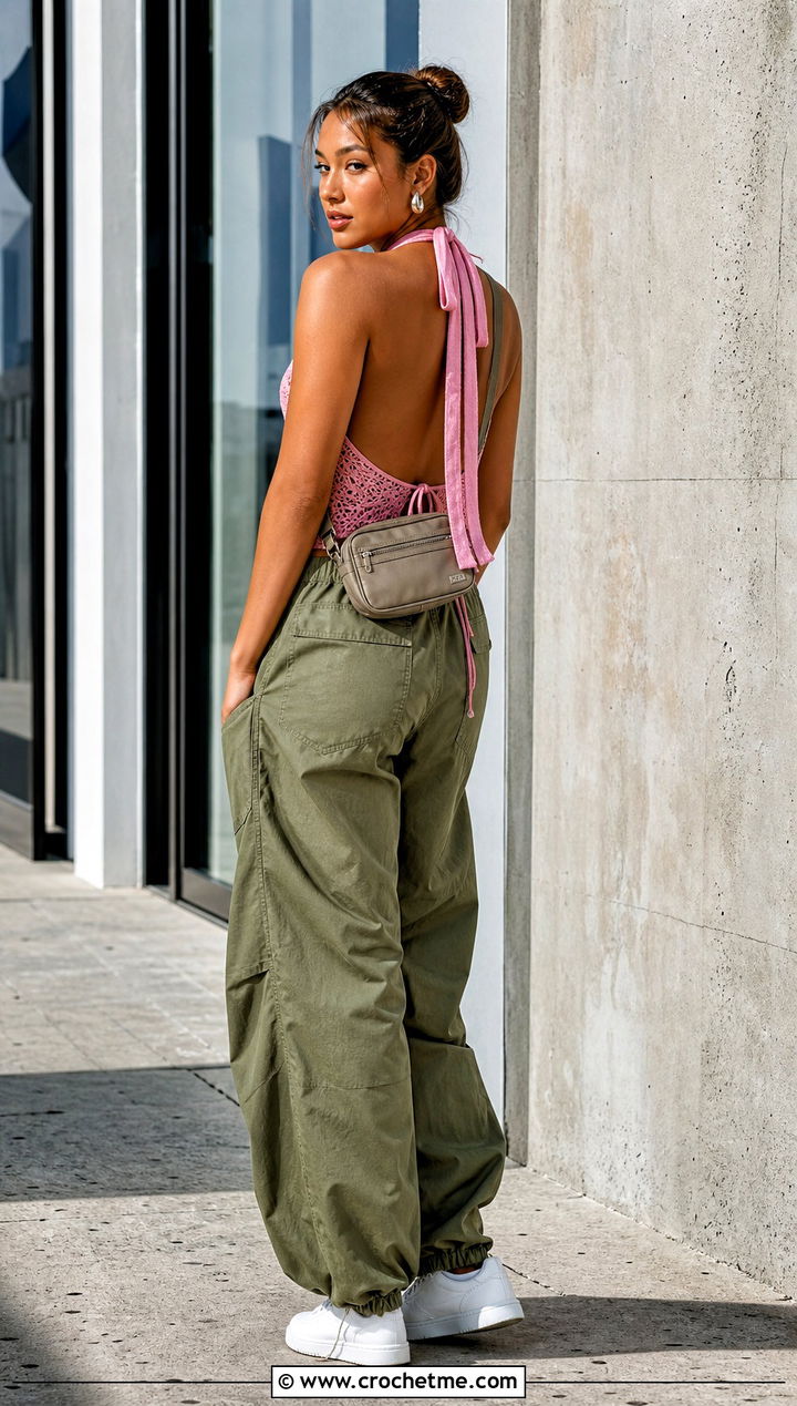 Open Back Crochet Ruched Corset Top With Parachute Pants - 30 crochet ruched top outfit ideas