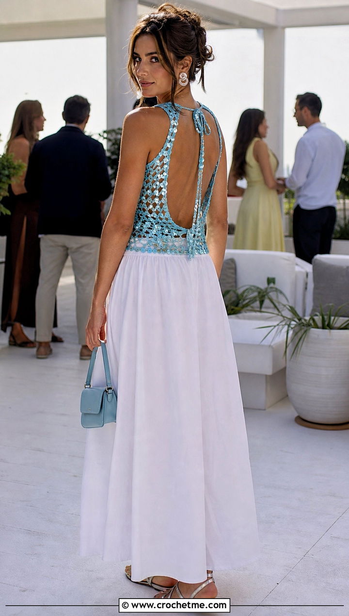 Open Back Crochet Sequin Tank Top With Maxi Skirt - 15 crochet sequin tank top outfit ideas