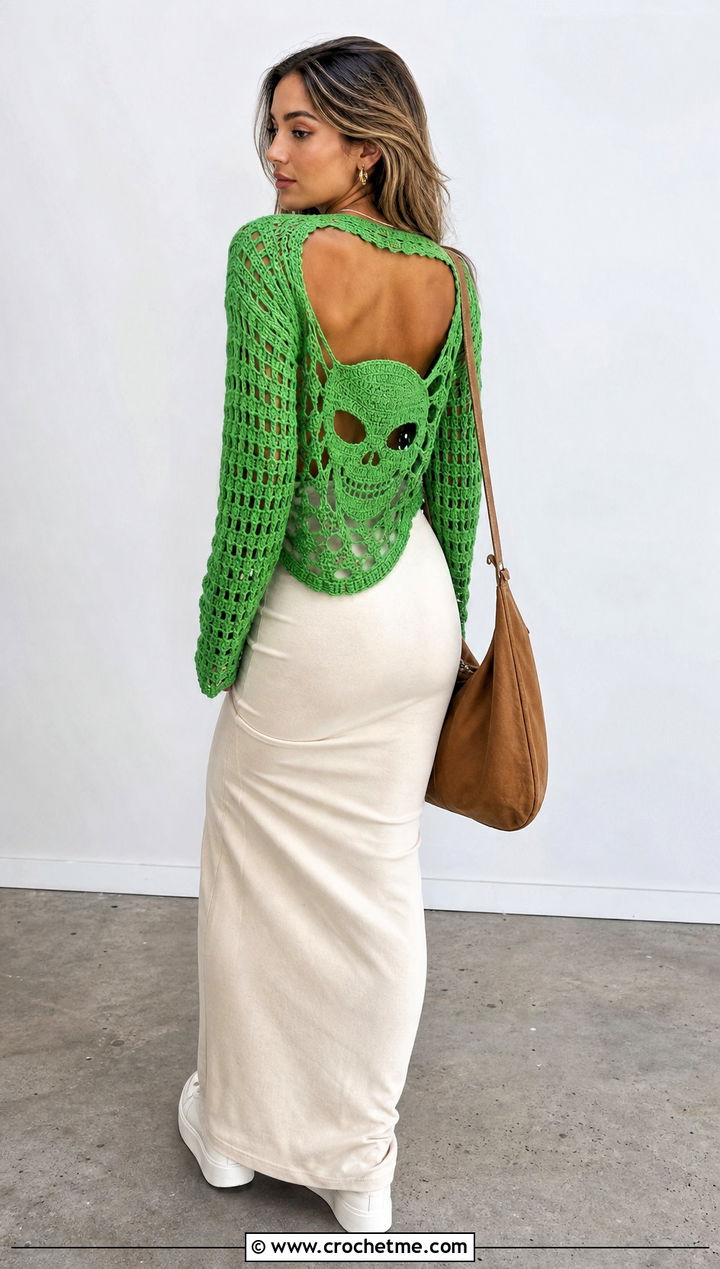 Open Back Crochet Skull Sweater With Maxi Dress - 35 crochet skull sweater outfit ideas