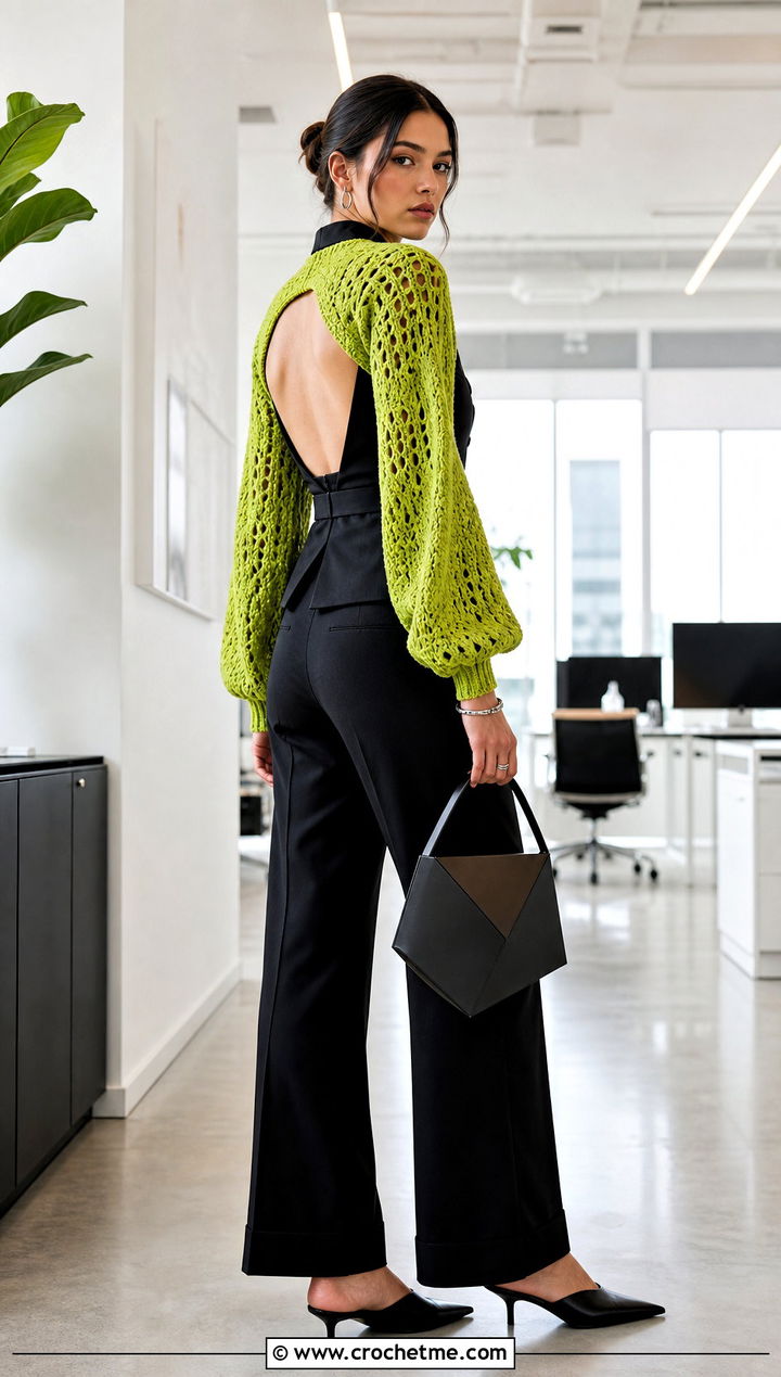 Open Back Crochet Sleeve Sweater With Tailored Vest - 20 Super Cropped Crochet Sweater outfit ideas