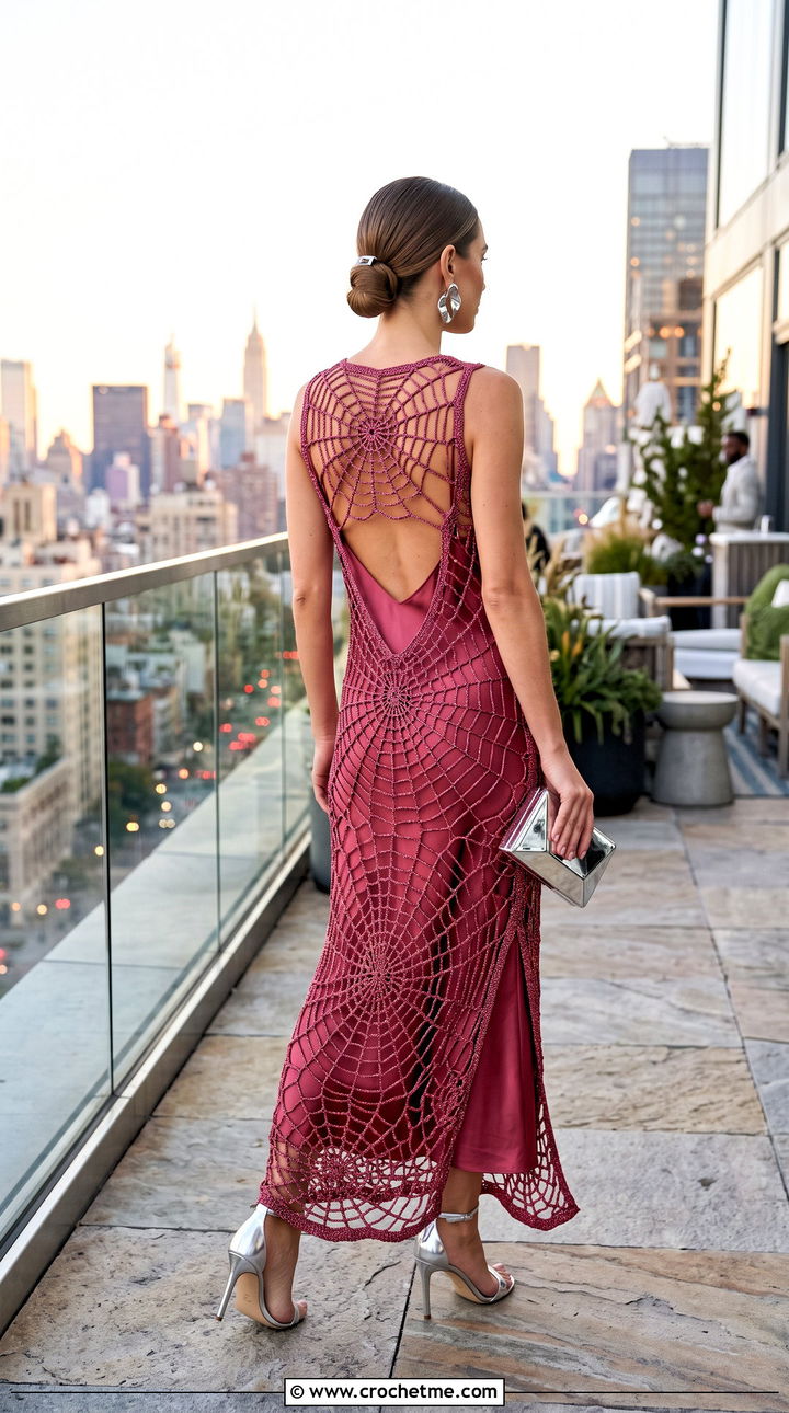 Open Back Crochet Spider Web Maxi Dress With Metallic Accessories - 30 crochet spider web dress outfit ideas