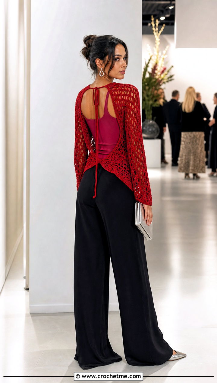 Open Back Crochet Sweater With Palazzo Pants - 35 cute crochet sweater outfit ideas