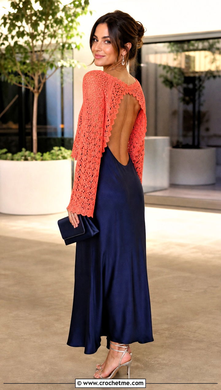 Open Back Crochet Sweater With Slip Dress - 15 Sweaters To Crochet For Women outfit ideas