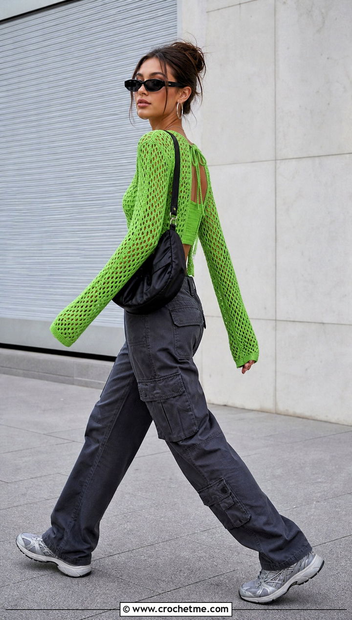 Open Back Crochet Top With Cargo Pants - 15 honey punch crochet top outfit ideas