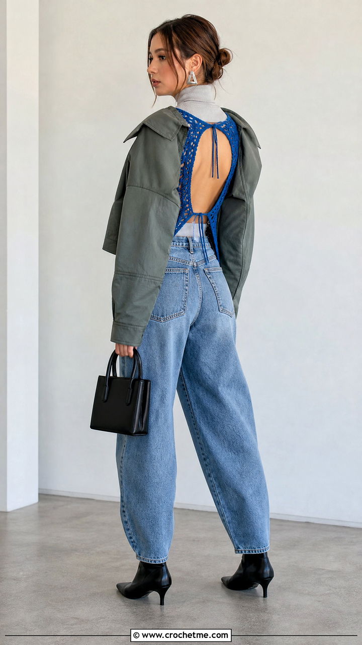 Open Back Crochet Top With Layered Turtleneck - 35 crochet fall top outfit ideas