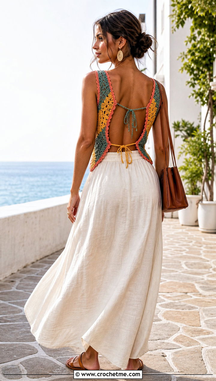 Open Back Crochet Top With Linen Maxi Skirt - 30 multi color crochet top outfit ideas