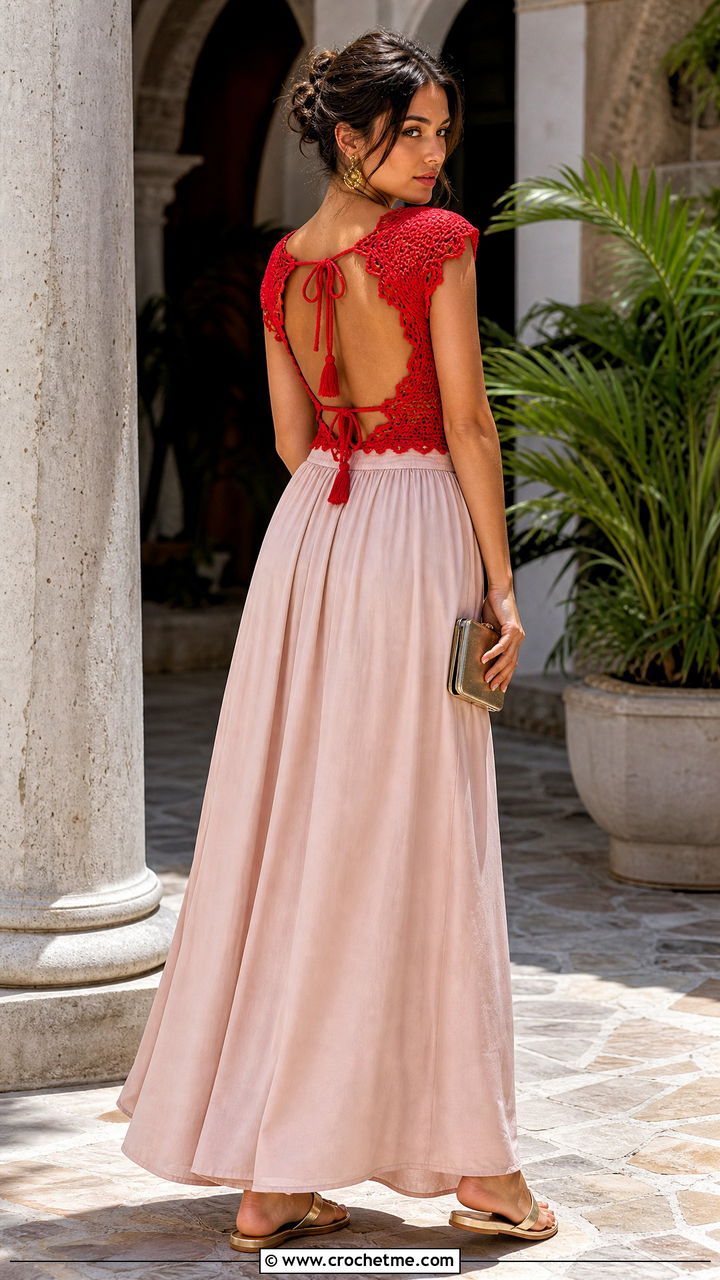 Open Back Crochet Top With Maxi Skirt - 35 colorful crochet top outfit ideas