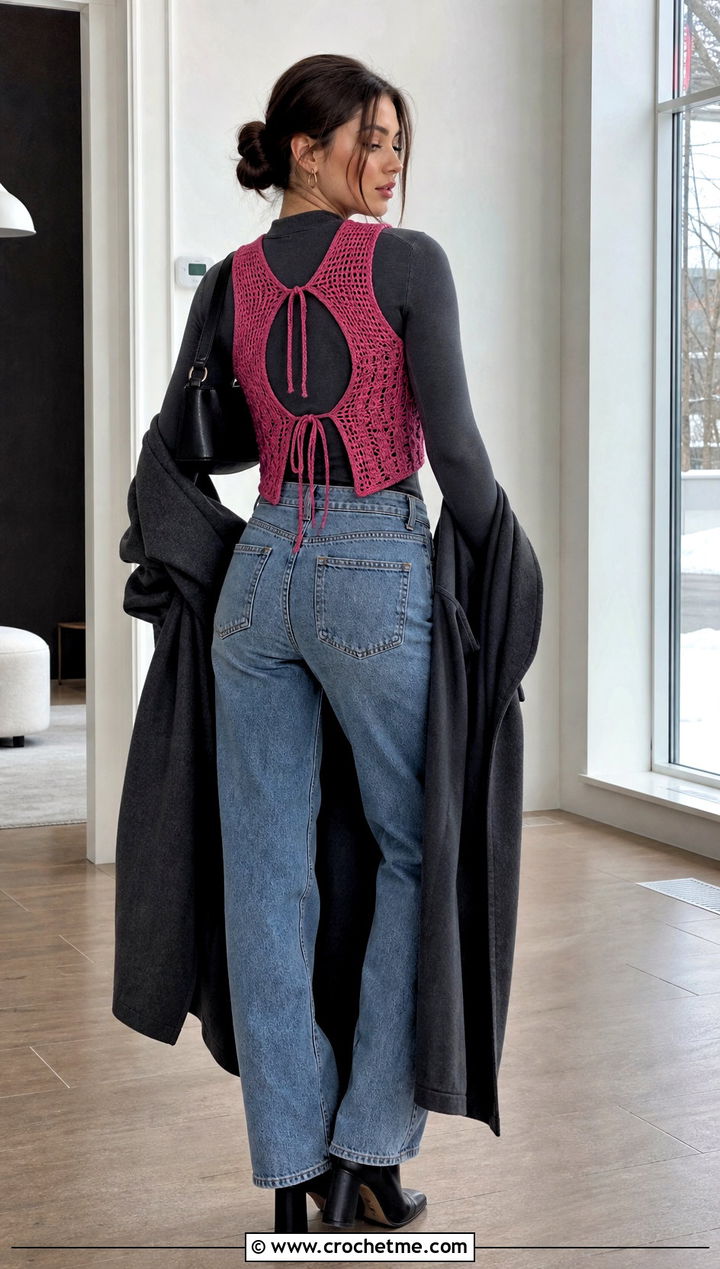 Open Back Crochet Top With Thermal Bodysuit - 35 winter crochet top outfit ideas