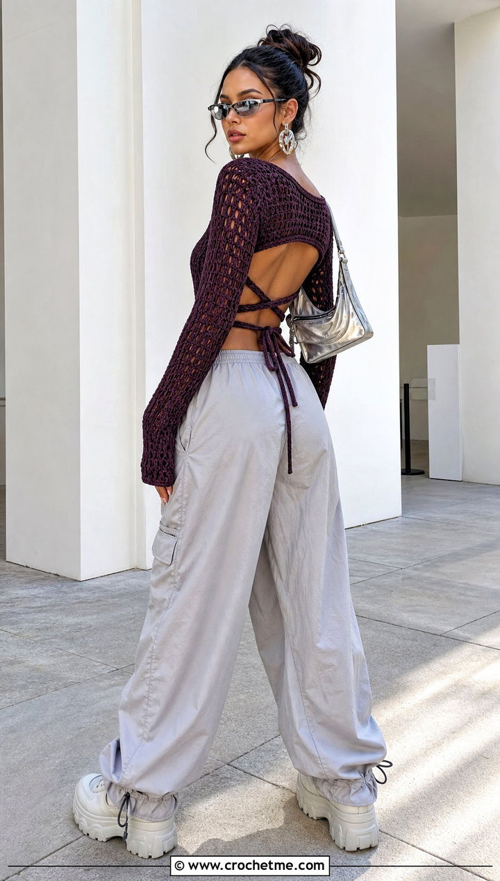 Open Back Crochet Wrap Top With Parachute Pants - 30 crochet wrap around top outfit ideas
