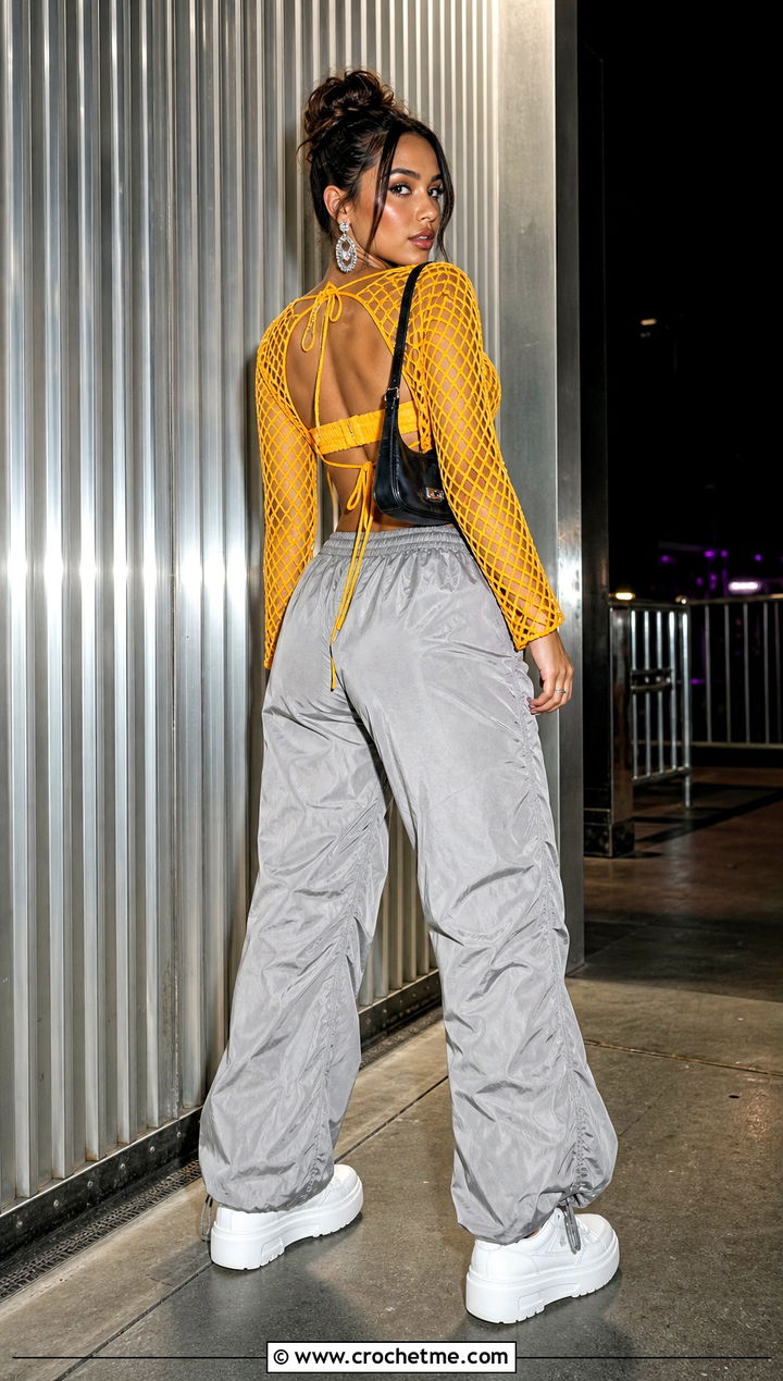 Open Back Diamond Mesh Stitch Crochet Top With Parachute Pants - 25 Diamond Mesh Stitch Crochet Top outfit ideas