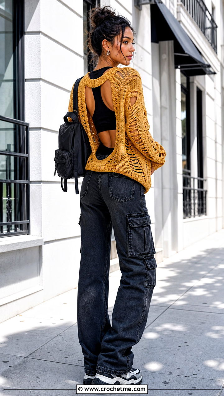 Open Back Distressed Crochet Sweater With Cargo Jeans - 35 distressed crochet sweater outfit ideas