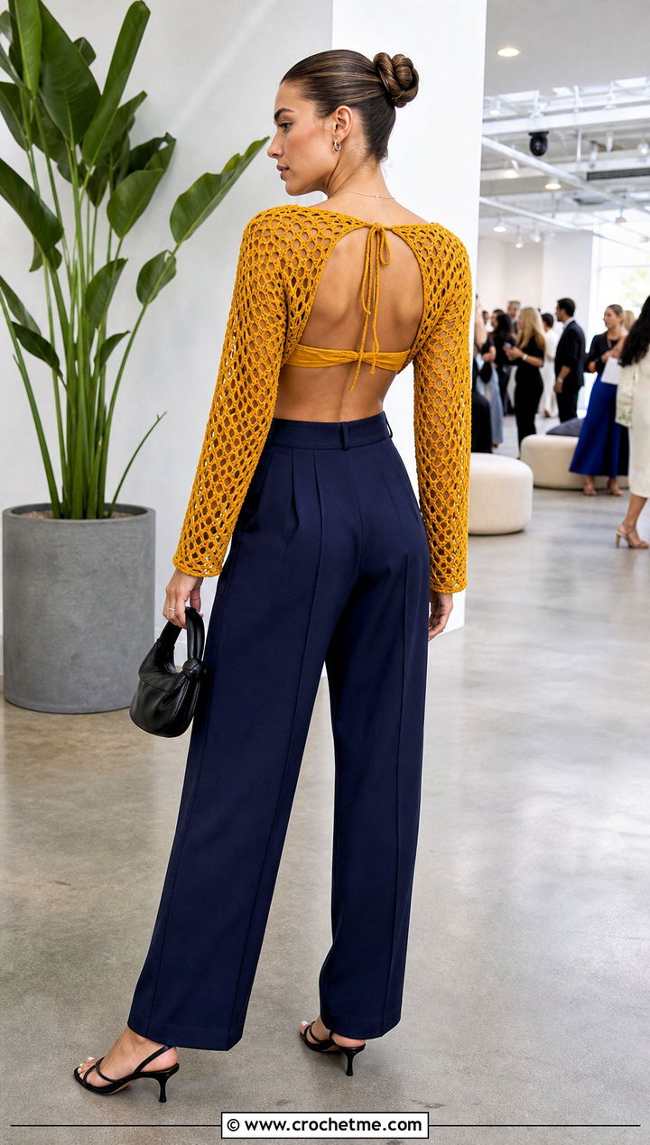 Open Back Fishnet Crochet Top With Pleated Trousers - 25 Fishnet Crochet Top outfit ideas