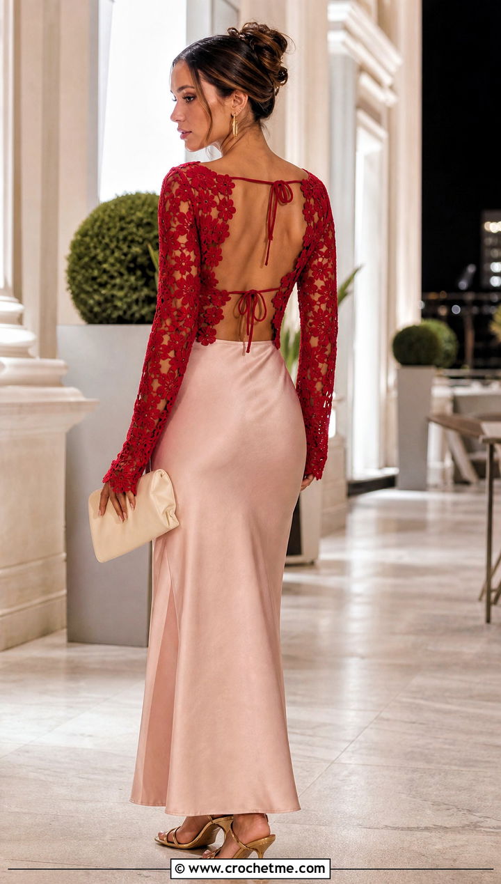 Open Back Flower Mesh Crochet Top With Satin Maxi Skirt - 25 mesh flower crochet top outfit ideas