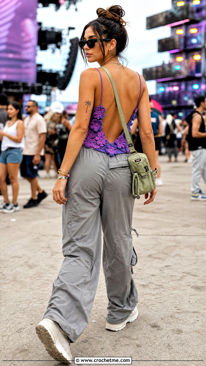 Open Back Flower Tank Top With Parachute Pants - 35 crochet flower tank top outfit ideas