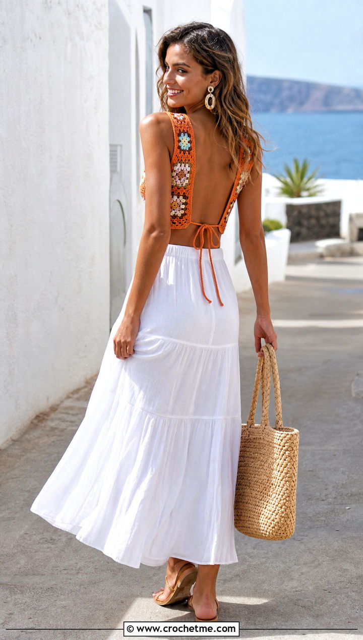 Open Back Granny Square Crochet Crop Top With Maxi Skirt - 30 granny square crochet crop top outfit ideas