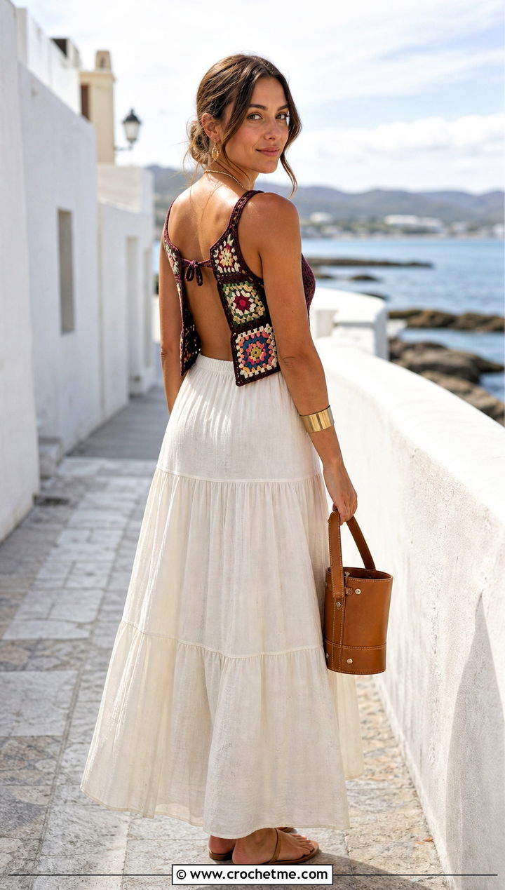 Open Back Granny Square Tank With Tiered Maxi Skirt - 35 granny square tank outfit ideas