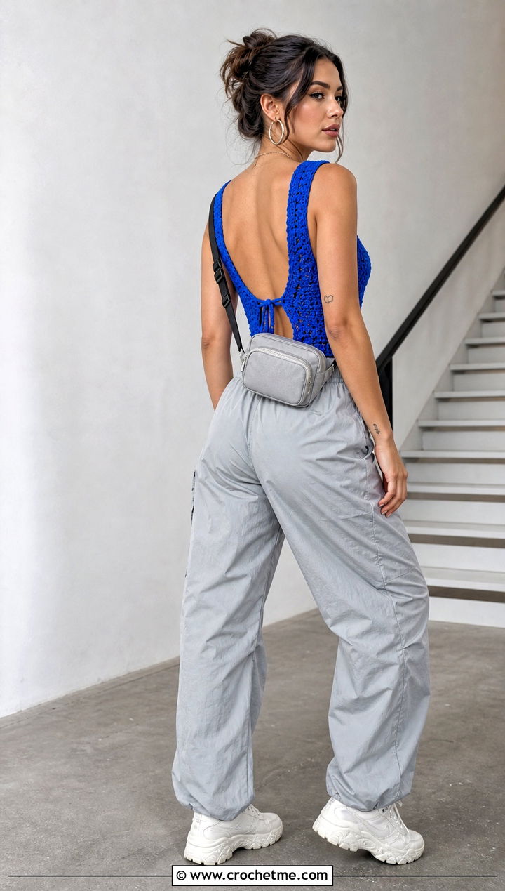Open Back Granny Stitch Top With Parachute Pants - 35 crochet granny stitch top outfit ideas