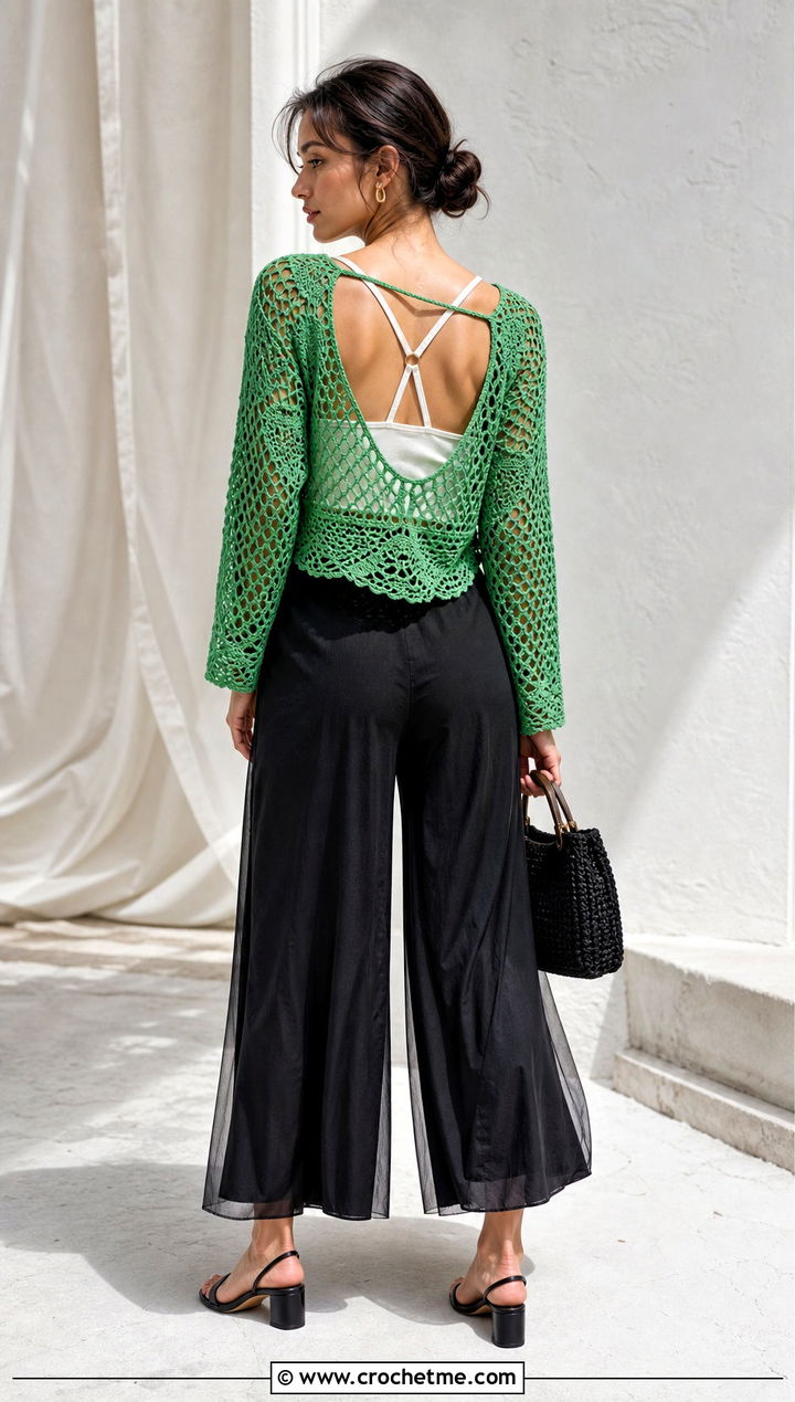 Open Back Mesh Crochet Sweater With Culottes - 30 mesh crochet sweater outfit ideas