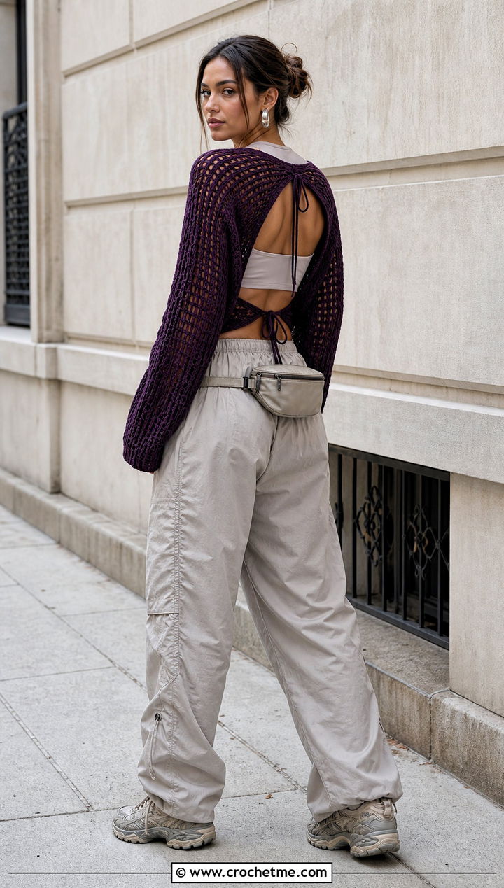 Open Back Mesh Pullover With Parachute Pants - 20 Crochet Mesh Pullover outfit ideas