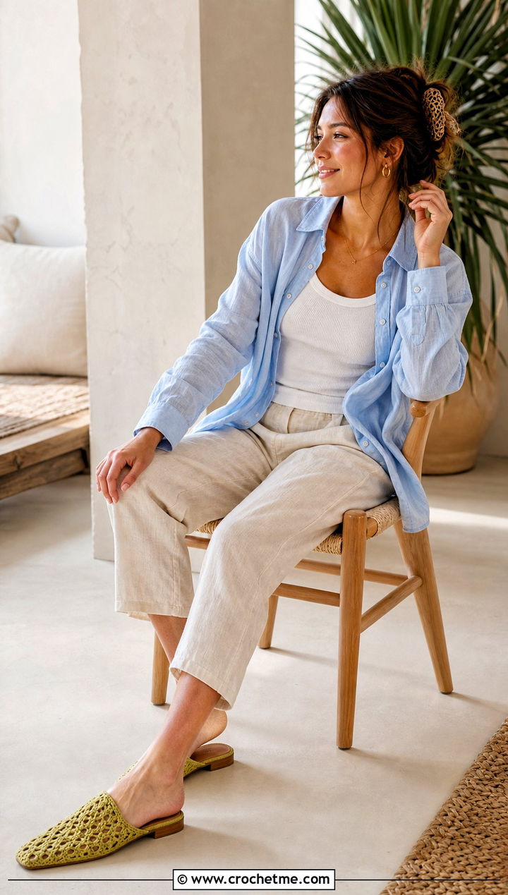 Open Back Rectangle Crochet Mules With A Linen Set - 20 Easy Crochet Slippers From A Rectangle outfit ideas