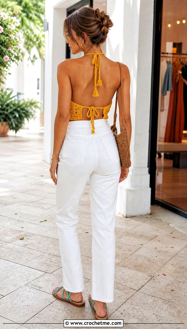 Open Back Tie Crochet Halter Top With White Jeans - 35 crochet halter tops outfit ideas