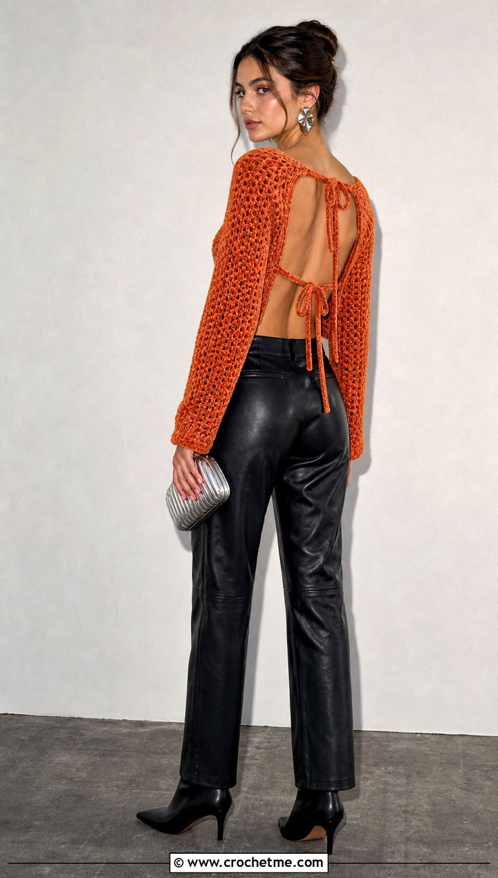 Open Back Velvet Crochet Sweater With Leather Pants - 30 velvet crochet sweater outfit ideas