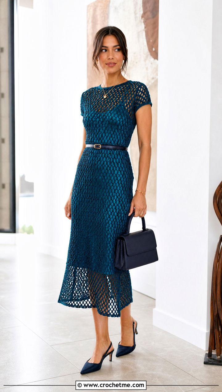 Open Chain Midi Dress With Satin Slip - 20 Crochet Chain Dress outfit ideas