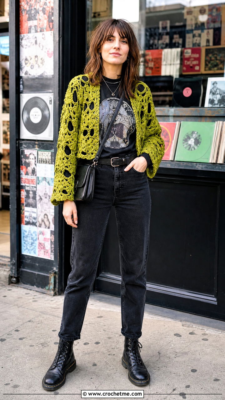 Open Cluster Crochet Shrug With Graphic T Shirt - 35 crochet shrug bolero outfit ideas